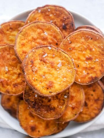 bowl of air fryer sweet potato slices.