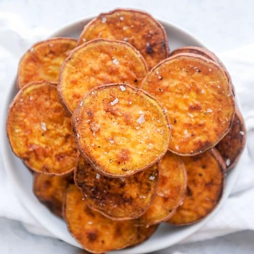 bowl of air fryer sweet potato slices.