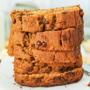 close up of stack of gluten-free dairy-free banana bread.