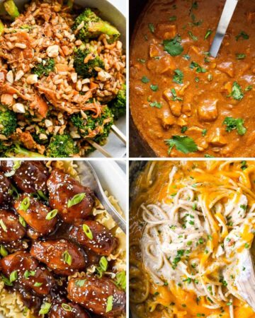 featured image showing four crock pot chicken recipes in a collage.