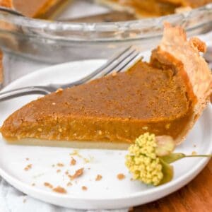 slice of eggless pumpkin pie on a white plate with a yellow flower next it.